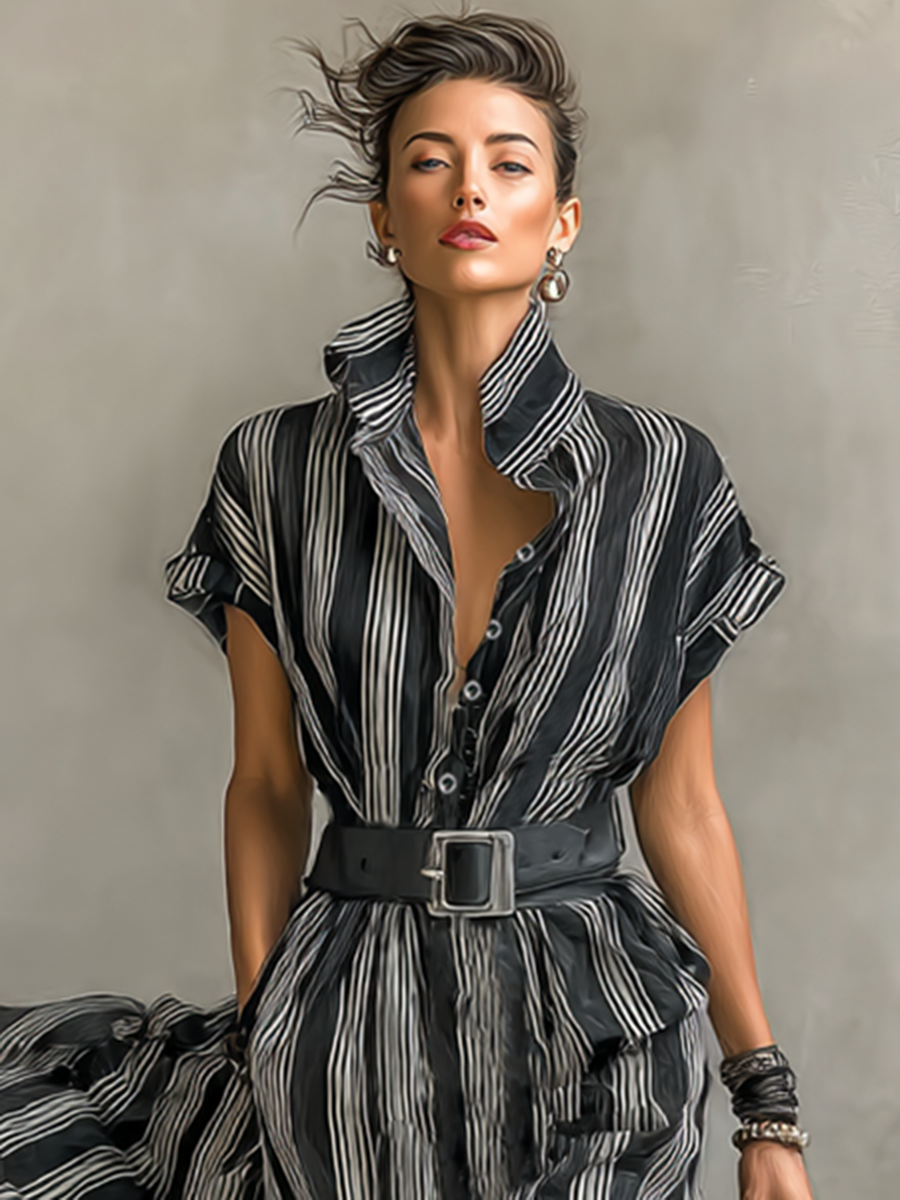 Maxi Striped Chiffon Dress with Collar and Short Sleeves for Women with Belt