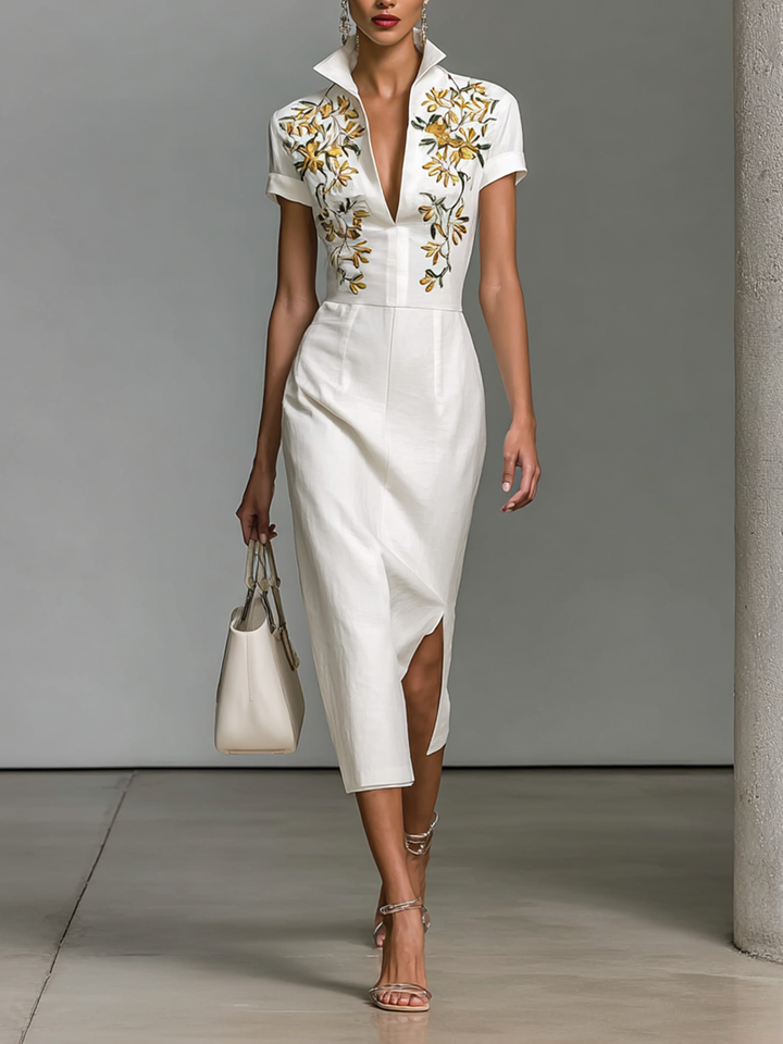 Embroidered Women's Midi Dress with V-Neck and Short Sleeves