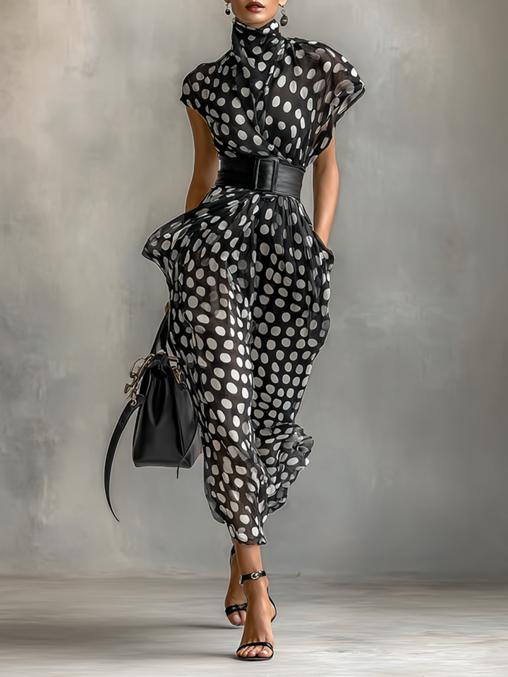 Maxi Chiffon Dress with Polka Dot Print and High Collar