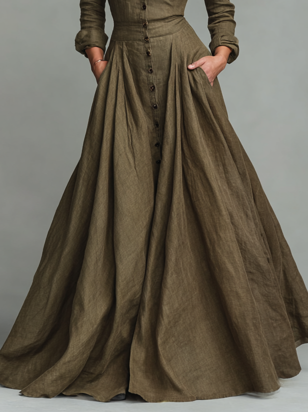 Vintage Maxi Dress in Cotton and Linen for Women with Shirt Design