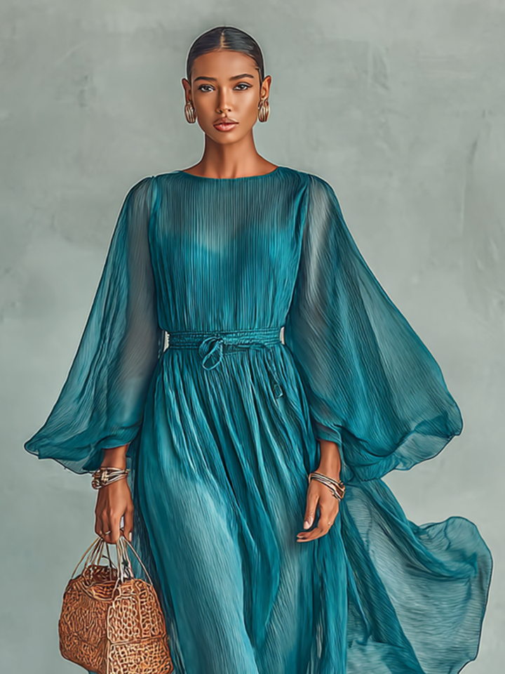 Maxi Chiffon Dress with Round Neck and Long Sleeves for Women, with Adjustable Waist