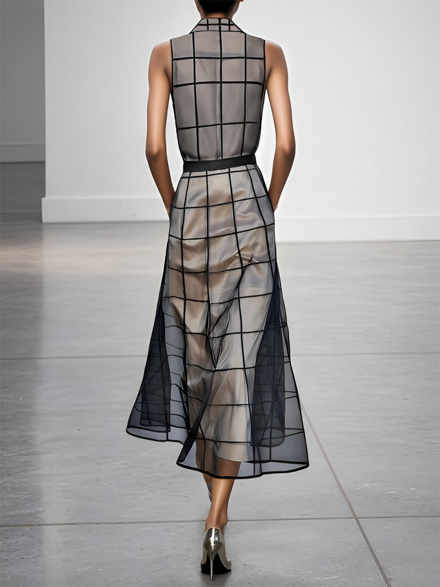 Maxi Sleeveless Checkered Tulle Dress with Collar and Belt