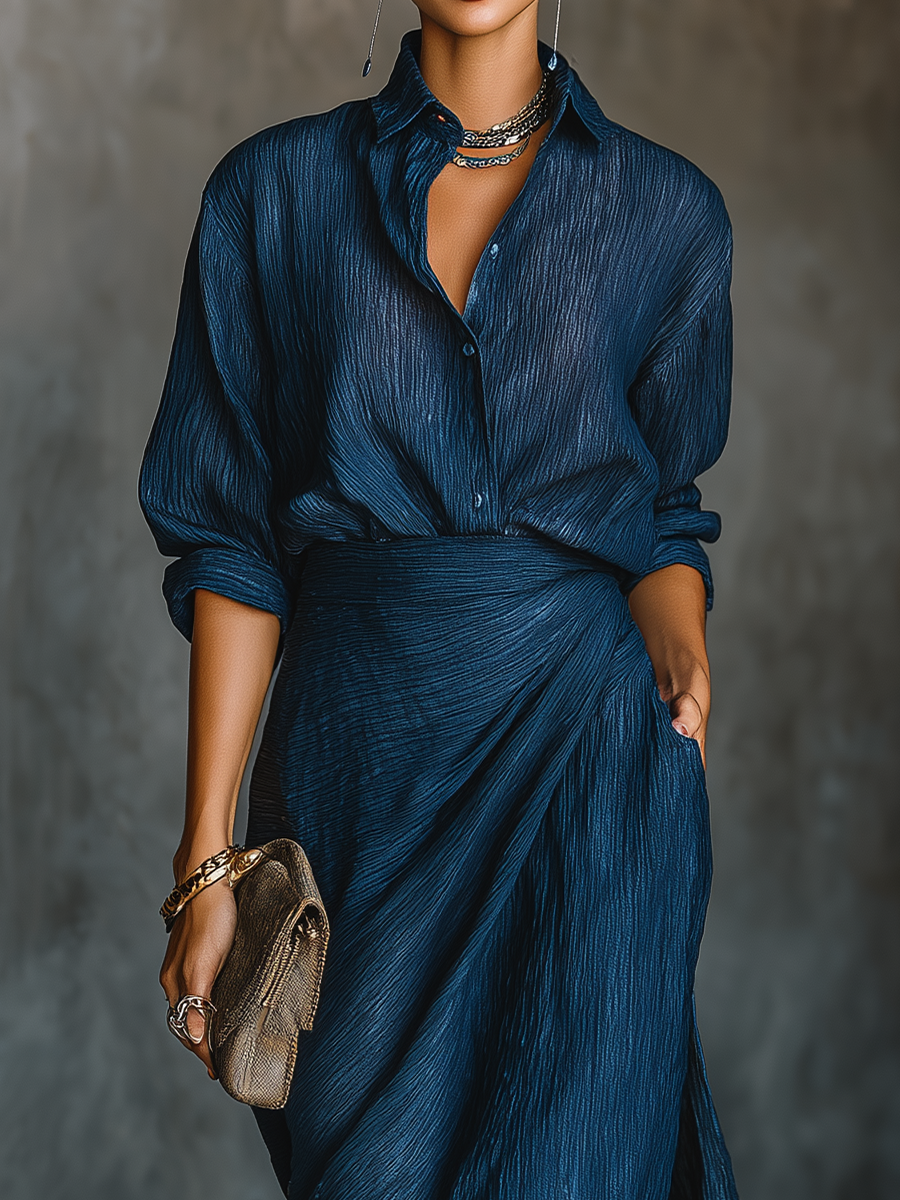 Long Skirt and Elegant Shirt Set in Dark Blue Cotton and Linen