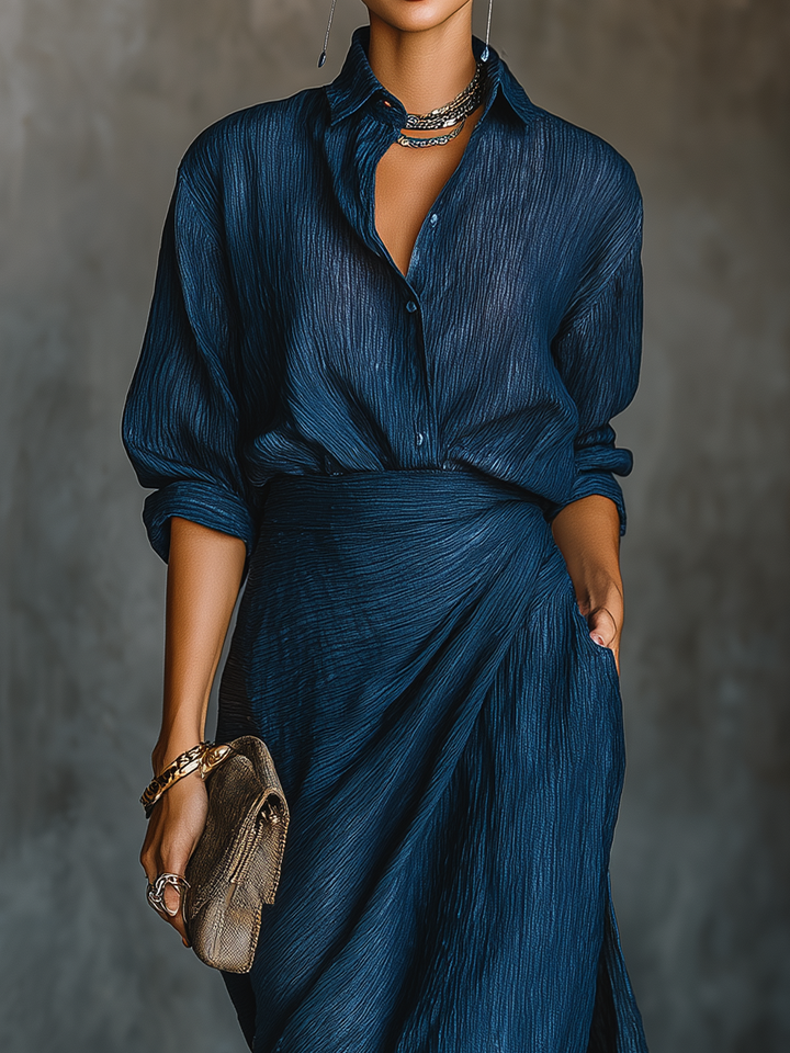 Long Skirt and Elegant Shirt Set in Dark Blue Cotton and Linen