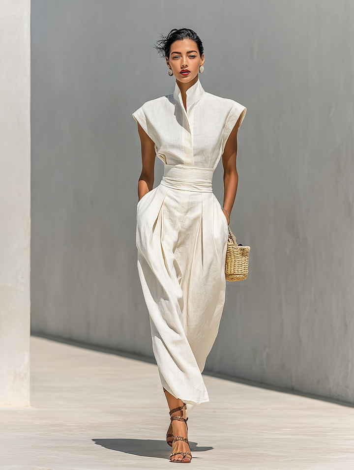 Maxi Dress in Pure Cotton with Notched Collar and Hooded Sleeves