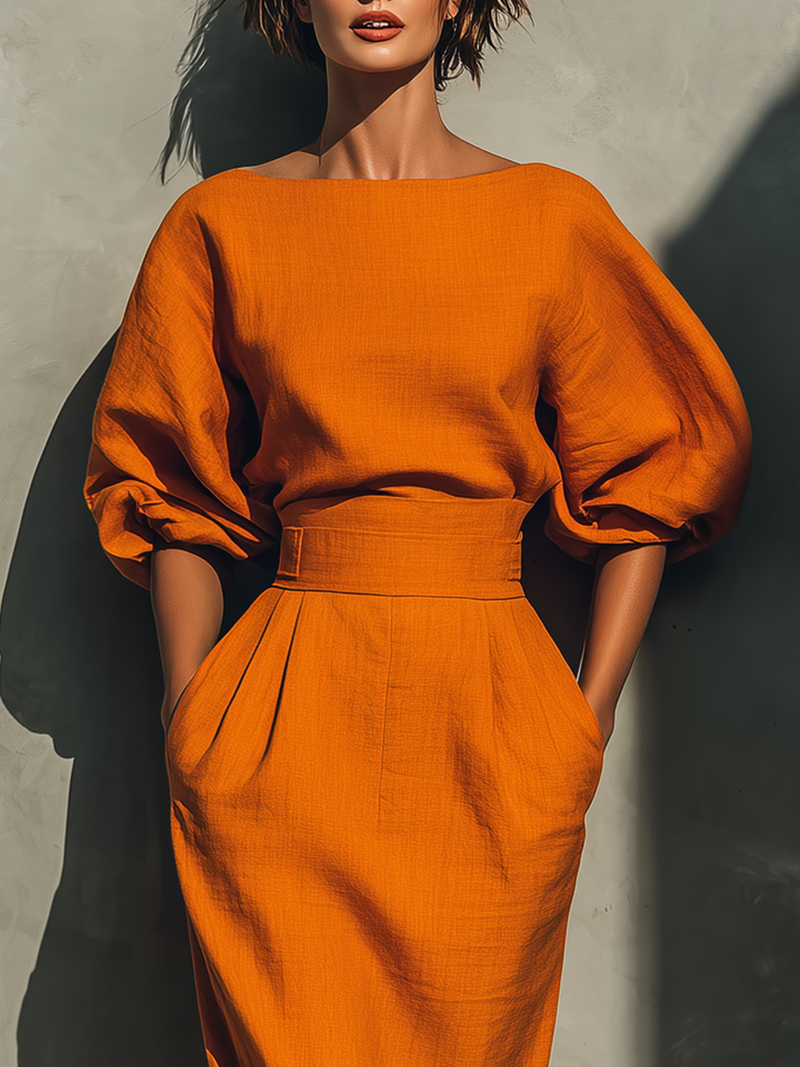 Vibrant Midi Skirt in Cotton-Linen Blend Orange