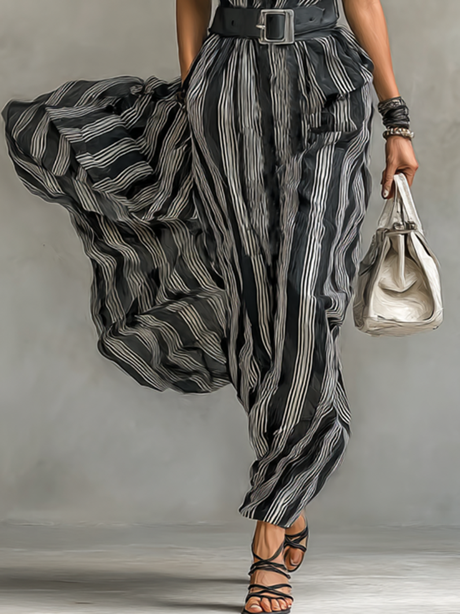 Maxi Striped Chiffon Dress with Collar and Short Sleeves for Women with Belt