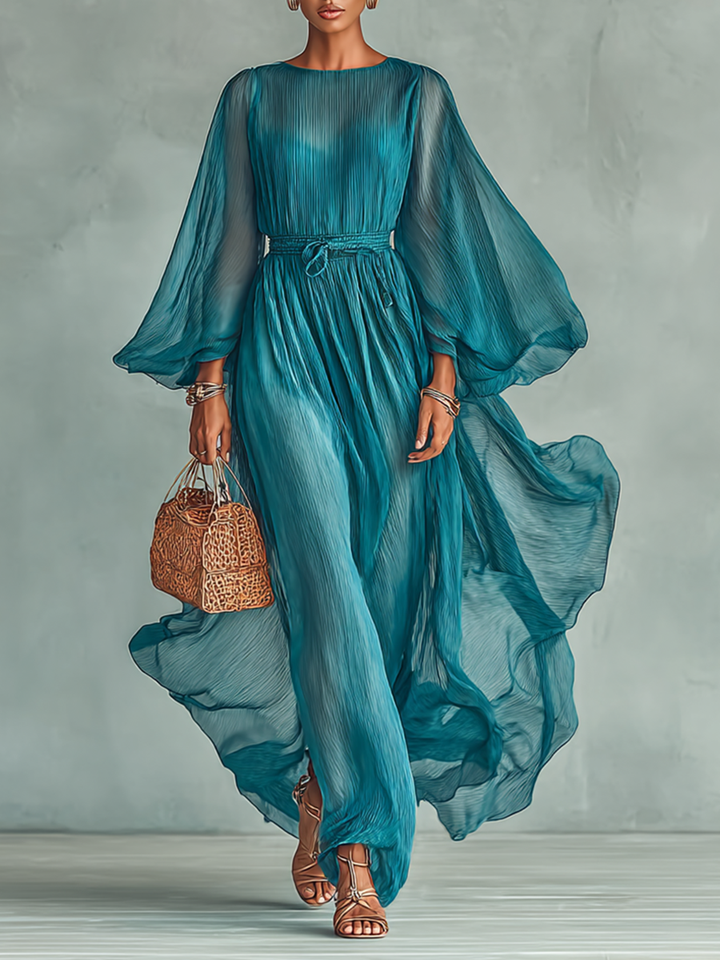 Maxi Chiffon Dress with Round Neck and Long Sleeves for Women, with Adjustable Waist