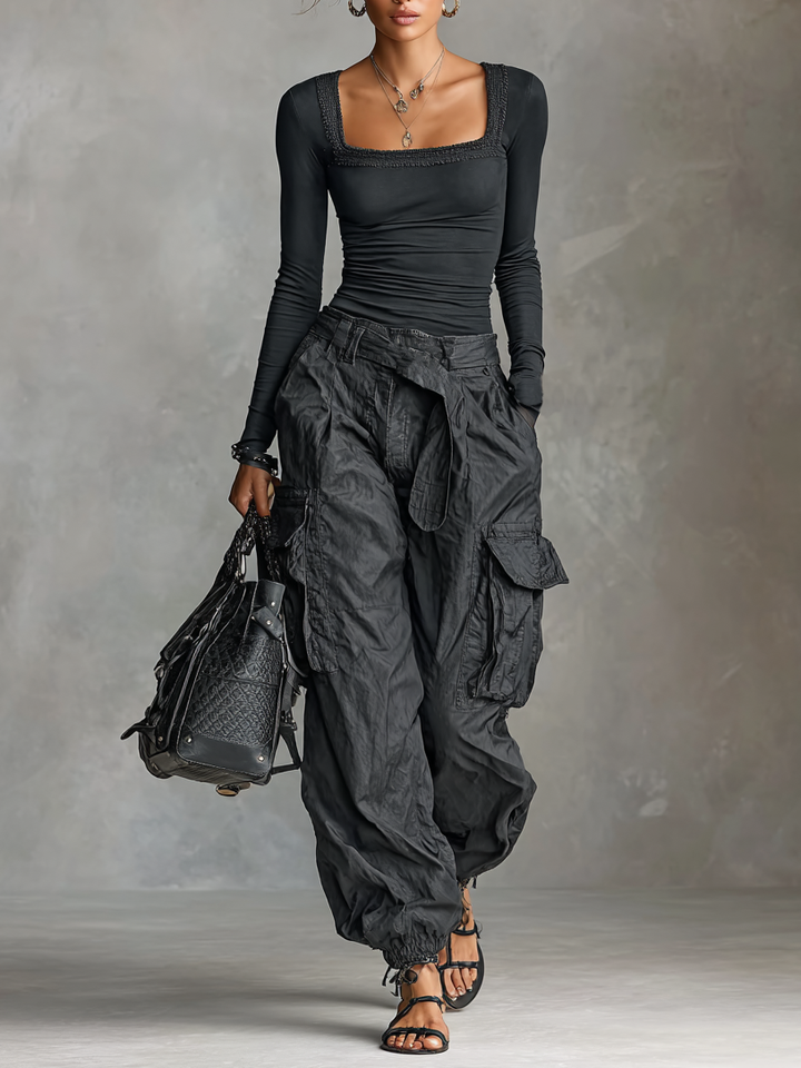 Two-Piece Set Long Sleeve Square Neck T-Shirt with Multi-Pocket Cargo Pants