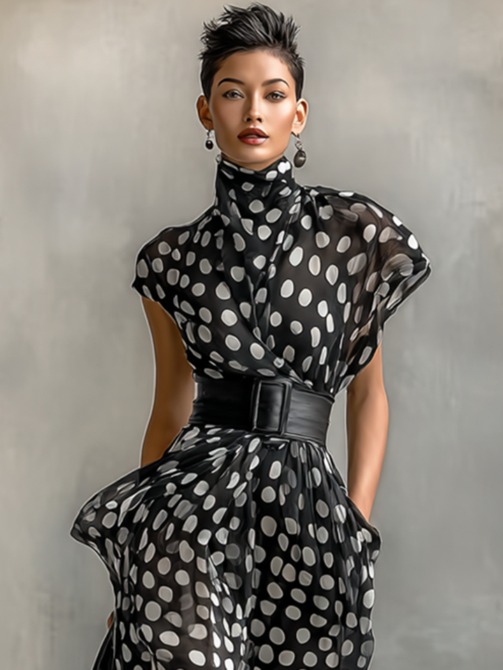 Maxi Chiffon Dress with Polka Dot Print and High Collar