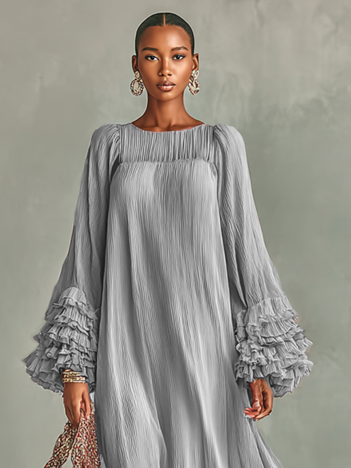 Maxi Dress in Pleated Chiffon for Women with Long Sleeves and Ruffles