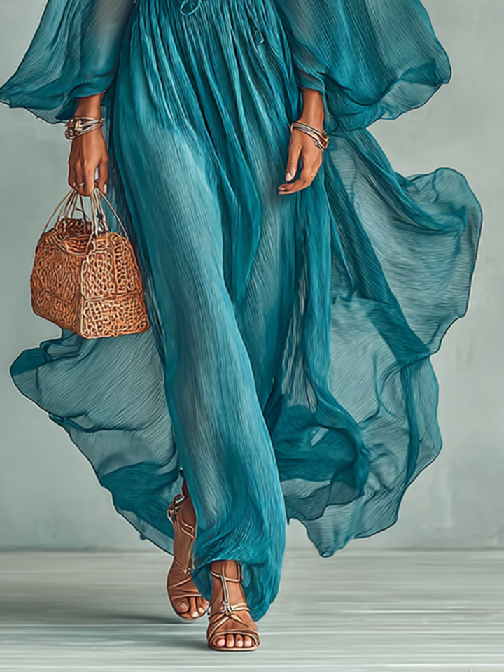 Maxi Chiffon Dress with Round Neck and Long Sleeves for Women, with Adjustable Waist