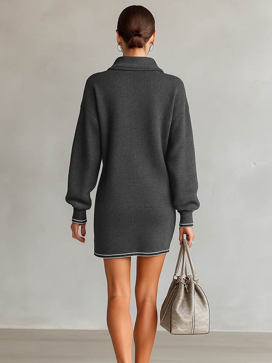 Mini Dress in Loose Knit with Polo Collar and Zip