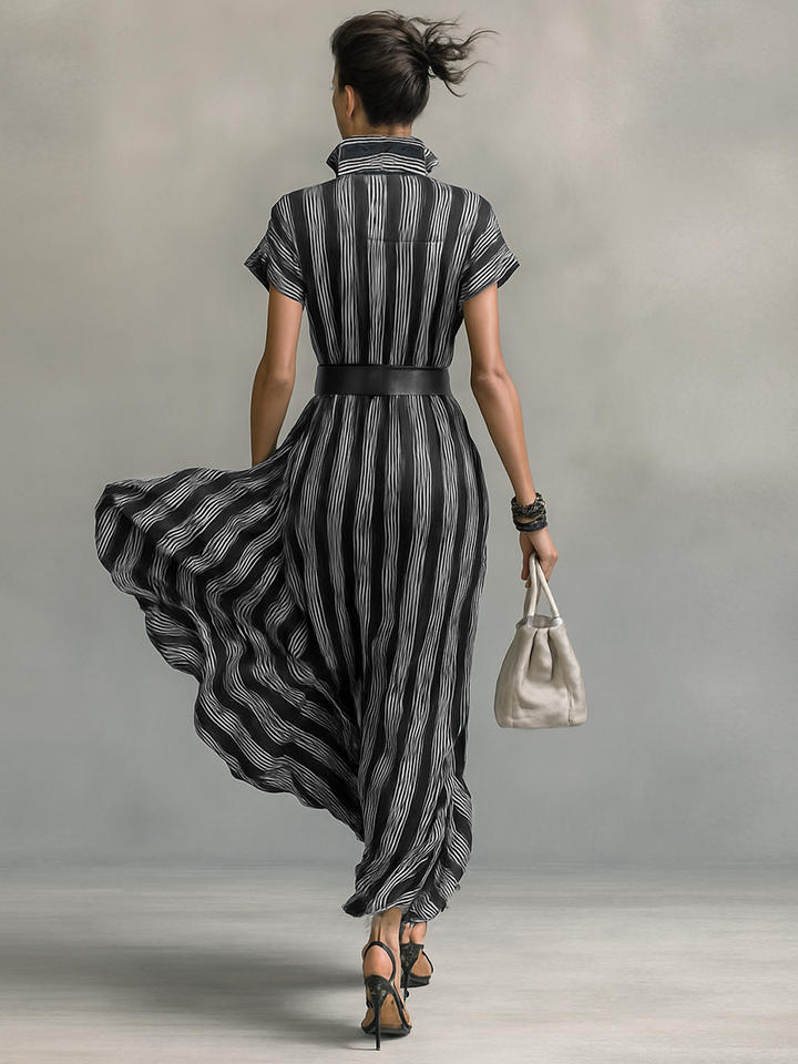 Maxi Striped Chiffon Dress with Collar and Short Sleeves for Women with Belt