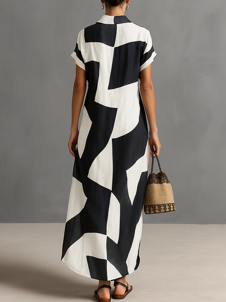 Maxi Shirt Dress in Chiffon for Women with Irregular Geometric Print and Lapel Collar, Short Sleeves, Single Button