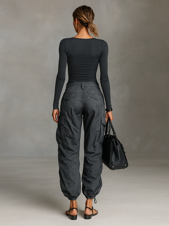 Two-Piece Set Long Sleeve Square Neck T-Shirt with Multi-Pocket Cargo Pants