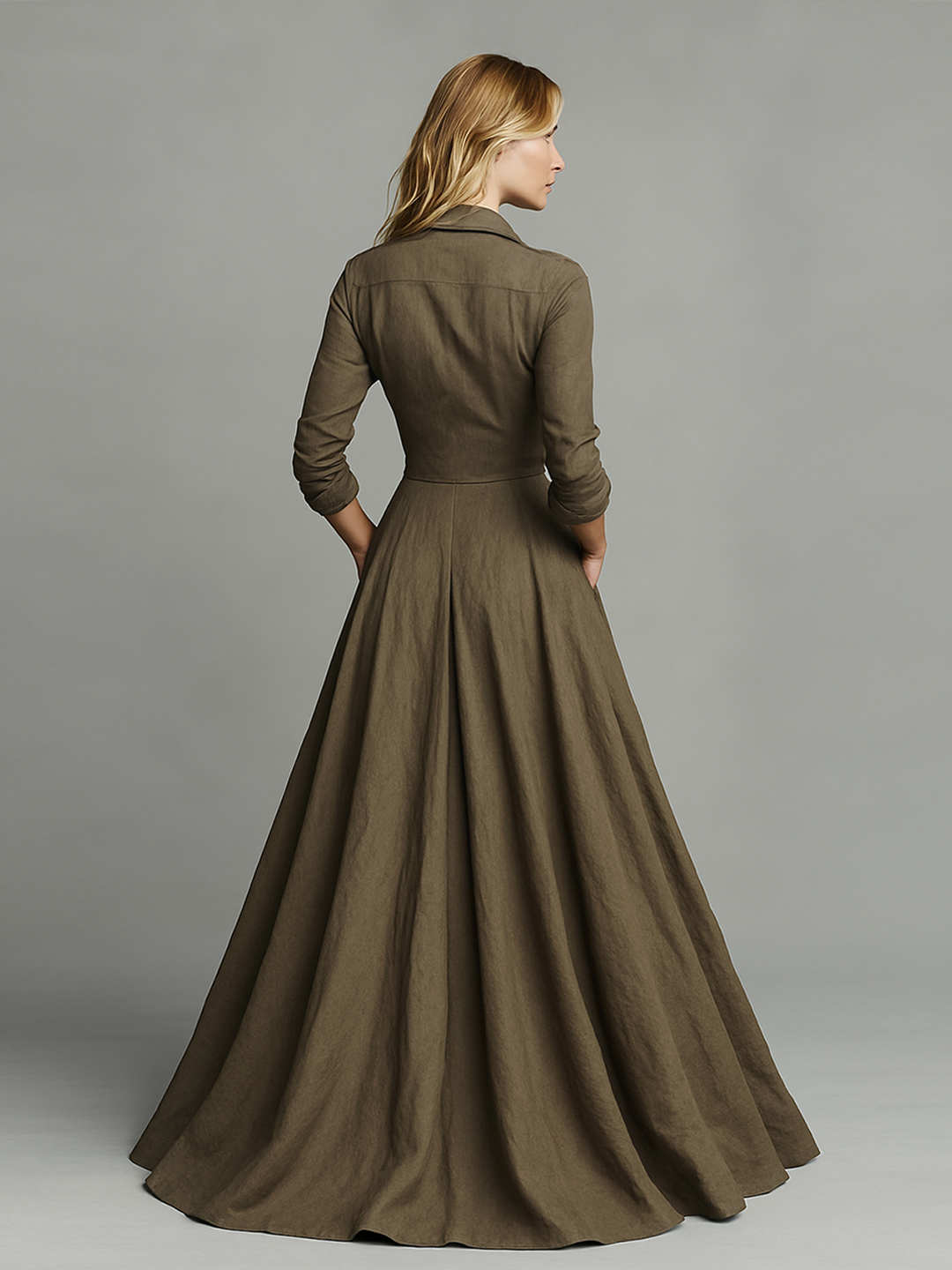 Vintage Maxi Dress in Cotton and Linen for Women with Shirt Design