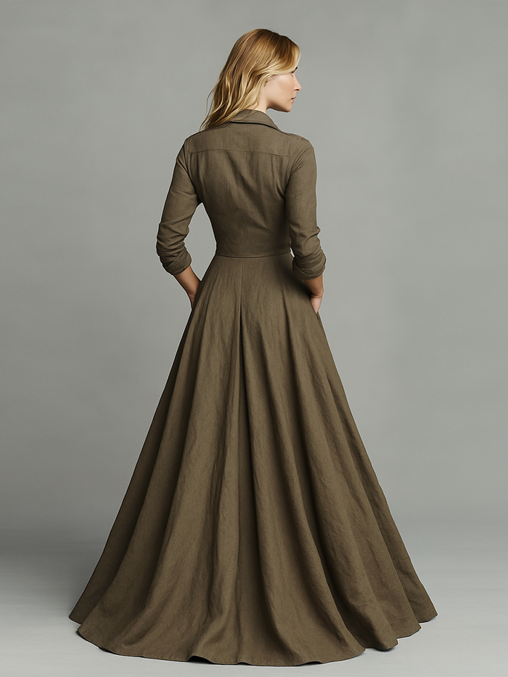 Vintage Maxi Dress in Cotton and Linen for Women with Shirt Design