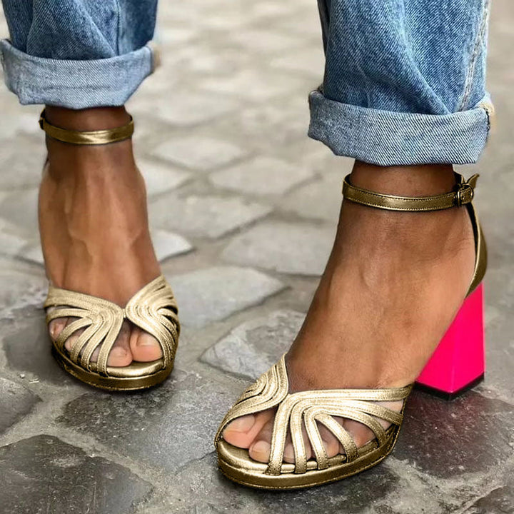 Soleil™ | Block Heel Sandal with Gold Straps
