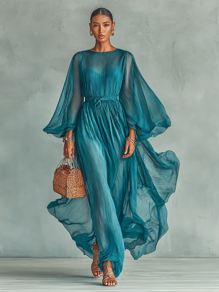 Maxi Chiffon Dress with Round Neck and Long Sleeves for Women, with Adjustable Waist