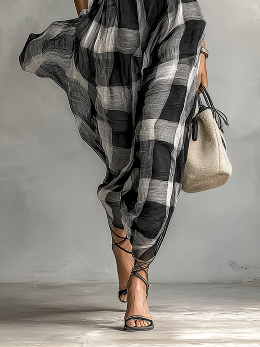 Maxi Dress in Check Chiffon with High Neck and Short Sleeves