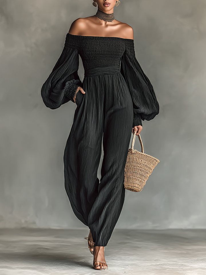 Women's Pleated Fabric Jumpsuit with Off-Shoulder and Long Sleeves