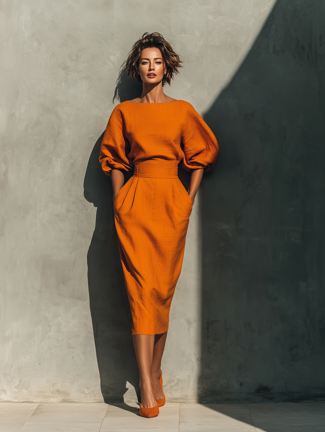 Vibrant Midi Skirt in Cotton-Linen Blend Orange