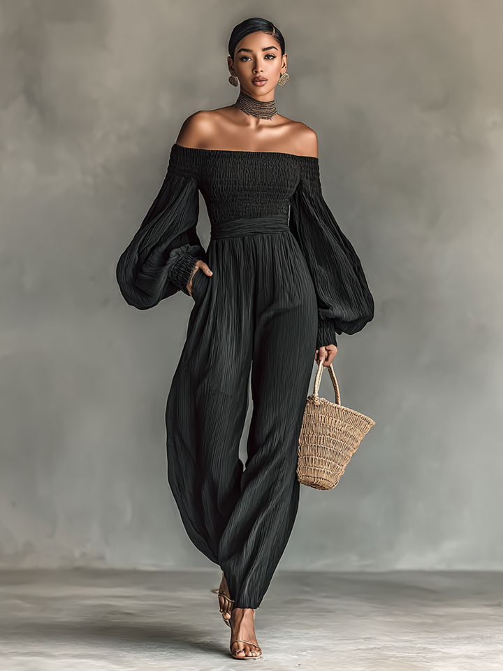 Women's Pleated Fabric Jumpsuit with Off-Shoulder and Long Sleeves