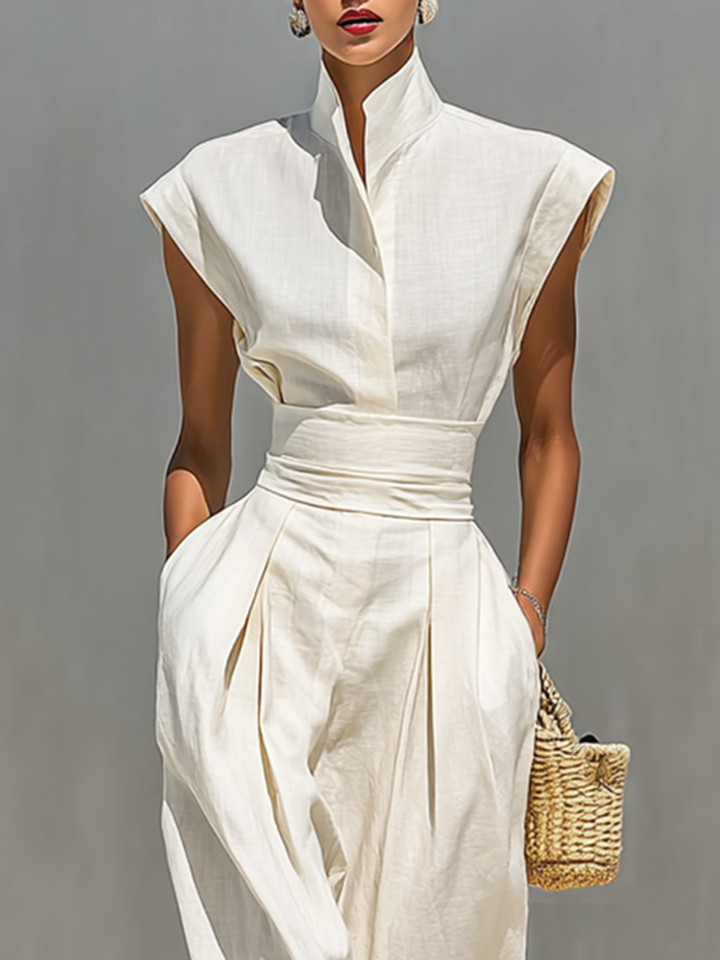 Maxi Dress in Pure Cotton with Notched Collar and Hooded Sleeves