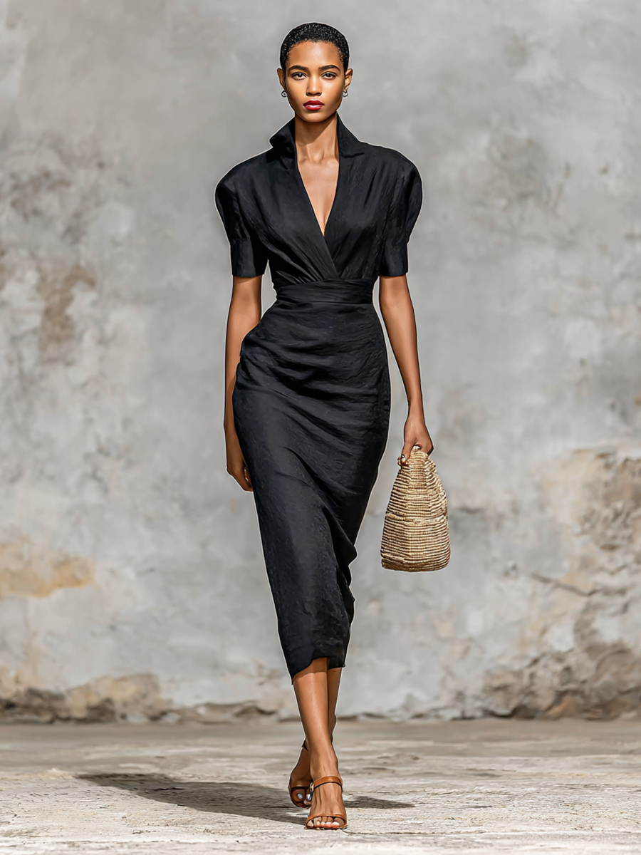 Women’s Solid Color Midi Dress with V-Neck and Short Sleeves