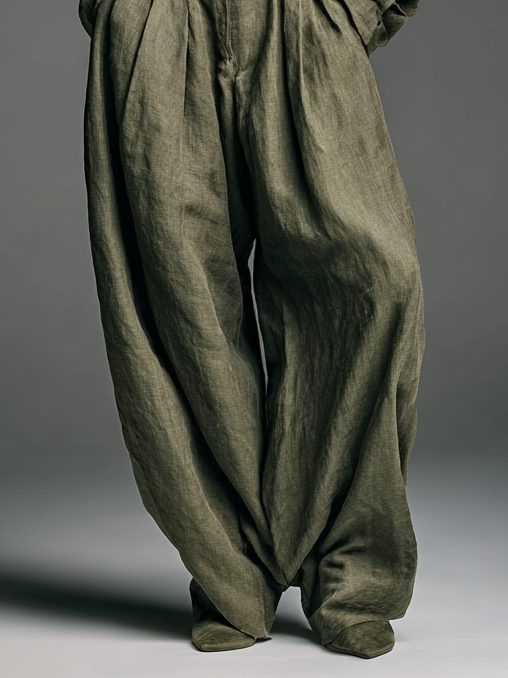 Two-Piece Women's Cotton and Linen Set with Long Sleeve Shirt and Wide Leg Pants