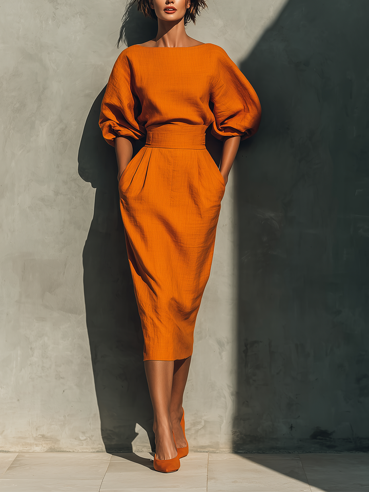 Vibrant Midi Skirt in Cotton-Linen Blend Orange