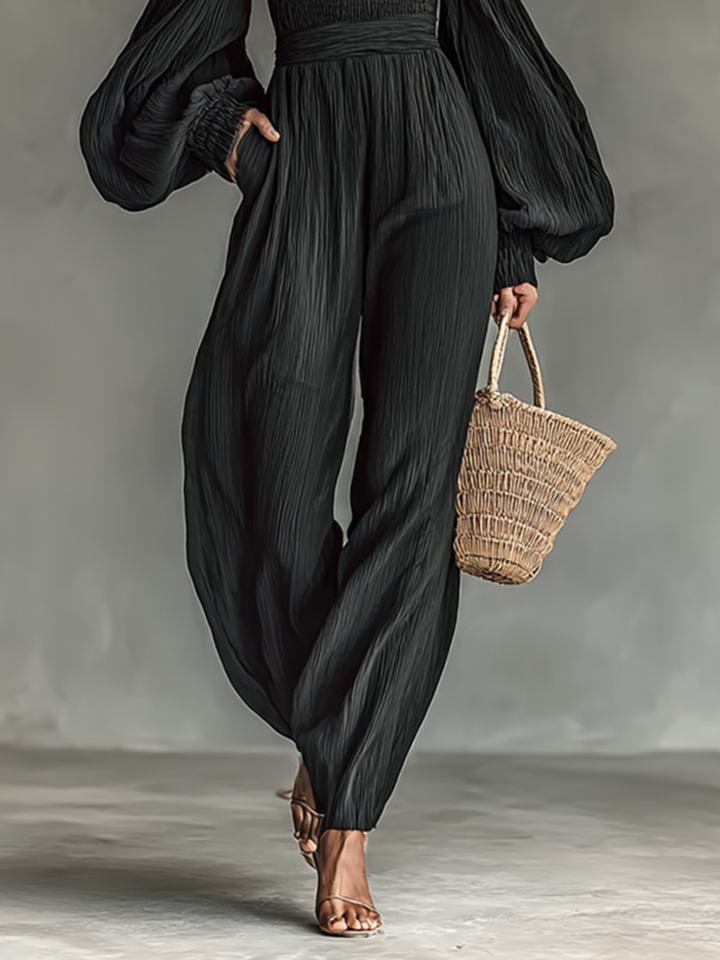 Women's Pleated Fabric Jumpsuit with Off-Shoulder and Long Sleeves