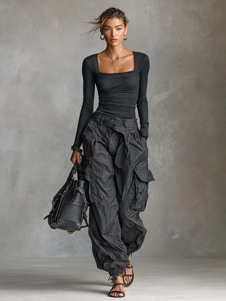 Two-Piece Set Long Sleeve Square Neck T-Shirt with Multi-Pocket Cargo Pants
