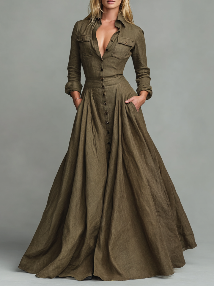 Vintage Maxi Dress in Cotton and Linen for Women with Shirt Design