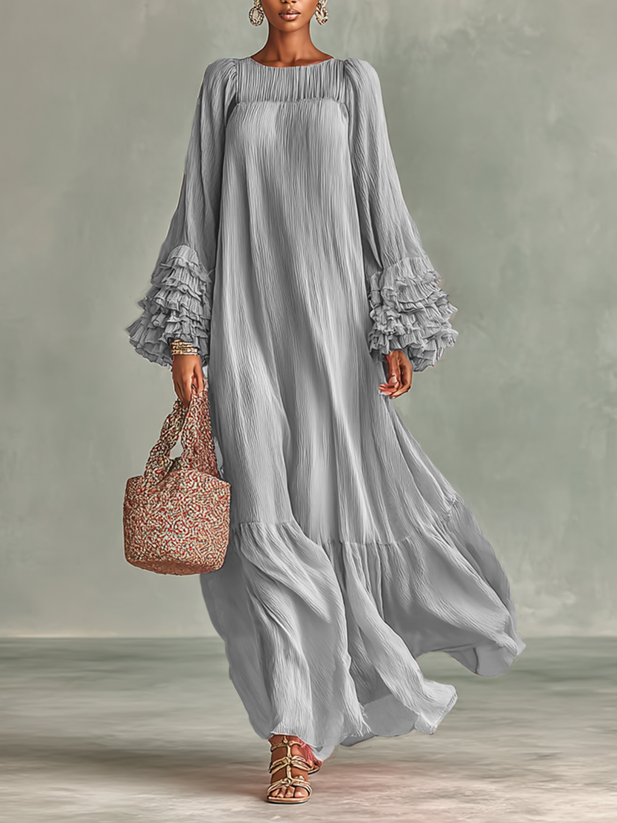 Maxi Dress in Pleated Chiffon for Women with Long Sleeves and Ruffles