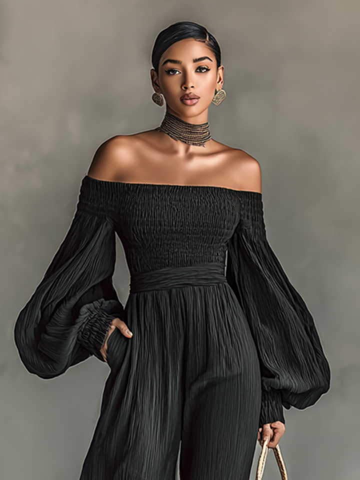 Women's Pleated Fabric Jumpsuit with Off-Shoulder and Long Sleeves