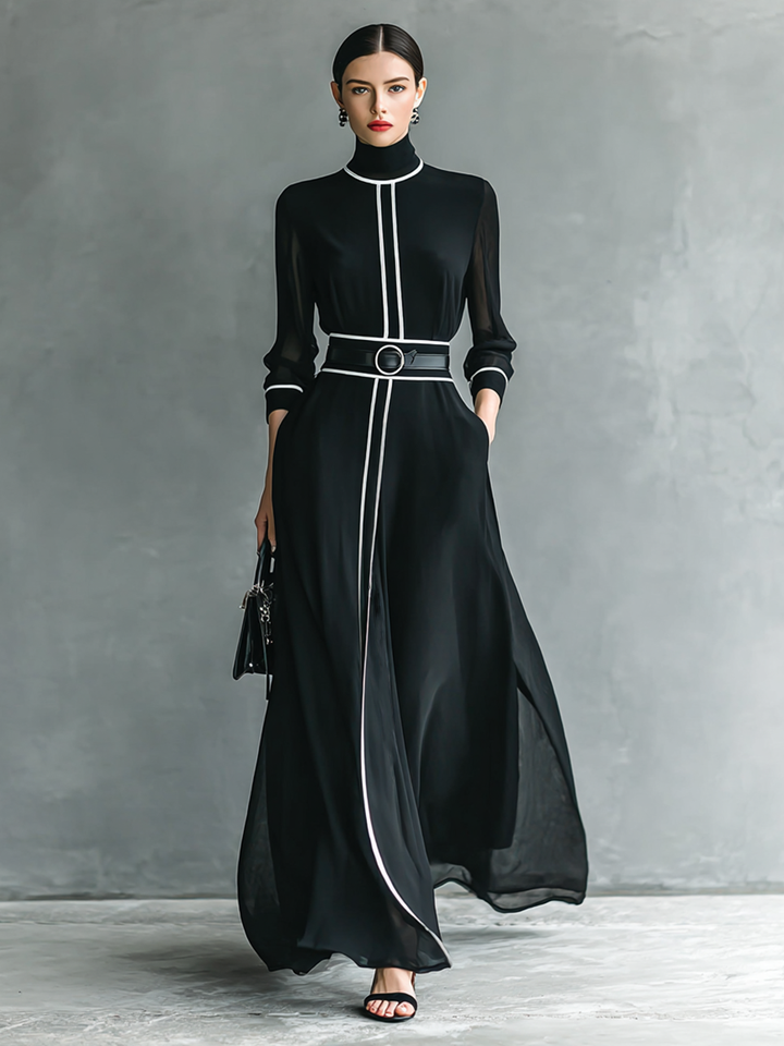 Maxi Chiffon Dress with High Neck and Long Sleeves for Women with White Trim