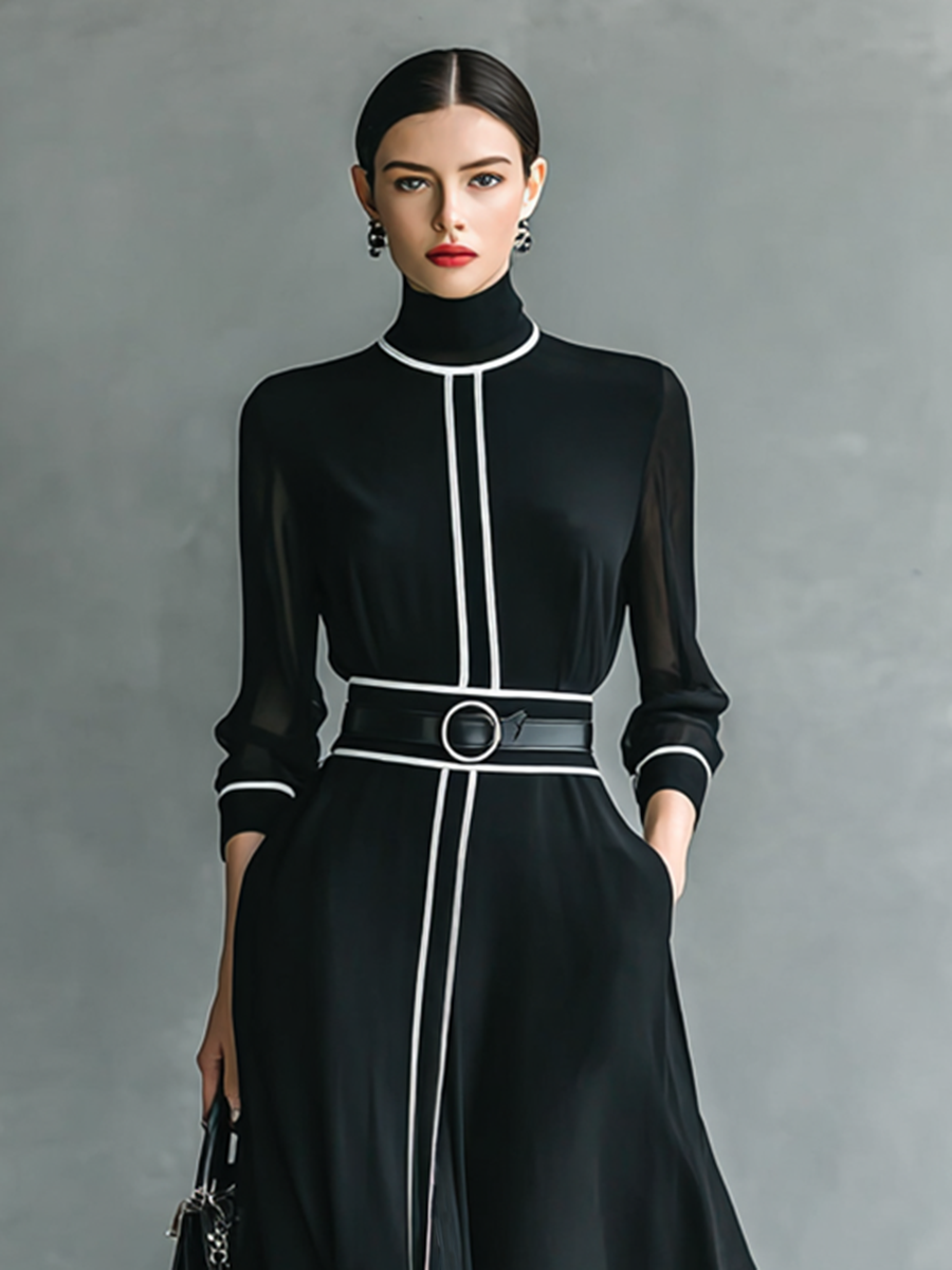 Maxi Chiffon Dress with High Neck and Long Sleeves for Women with White Trim