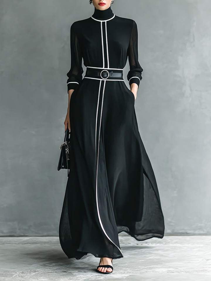 Maxi Chiffon Dress with High Neck and Long Sleeves for Women with White Trim