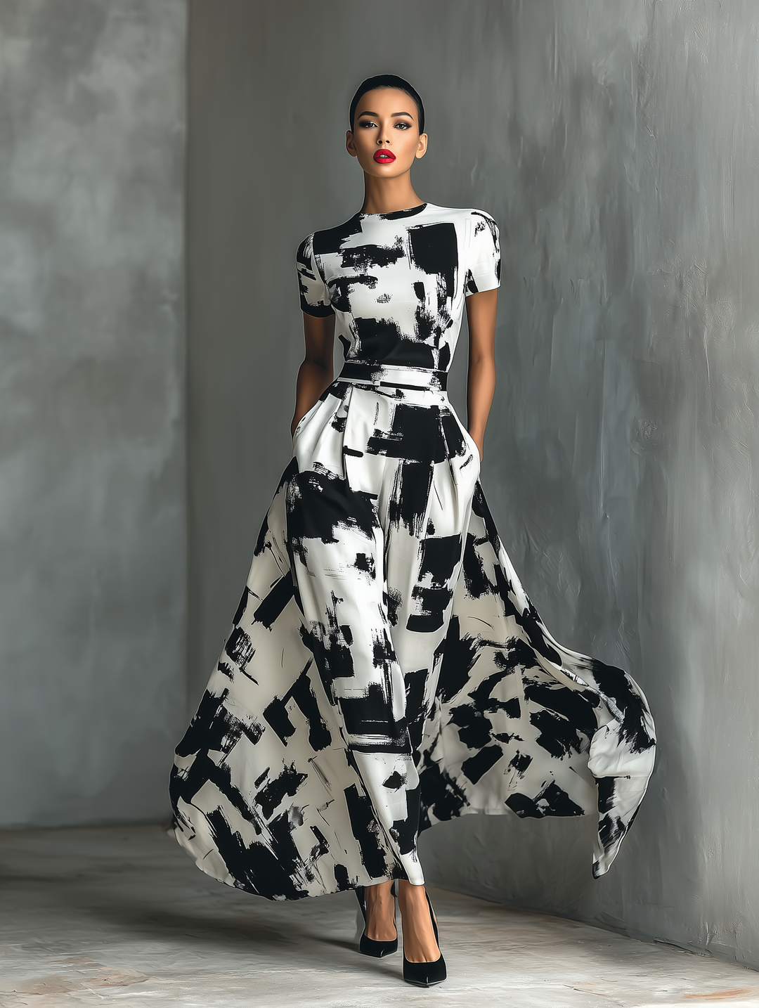 Short Sleeve Maxi Dress with Abstract Print