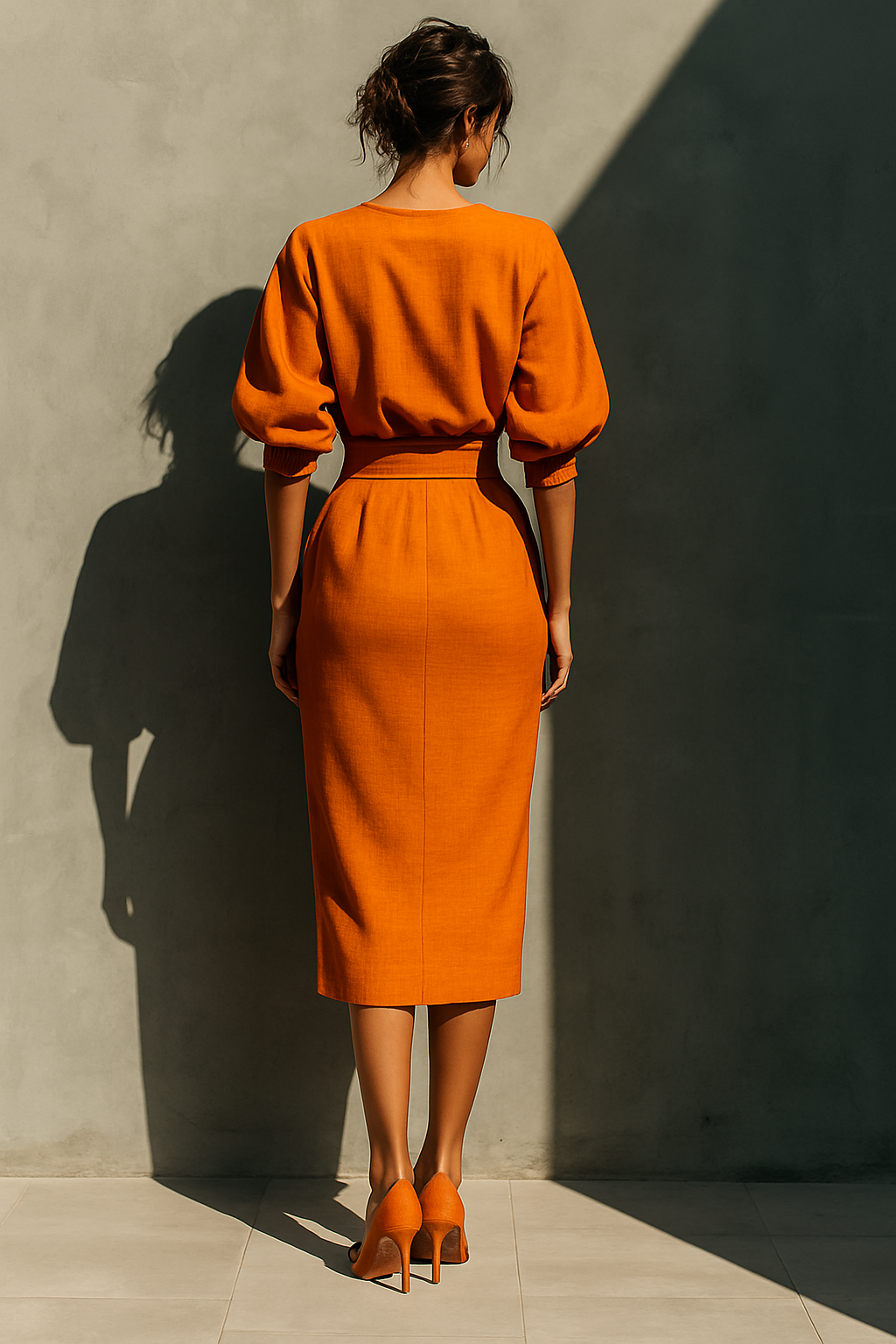Vibrant Midi Skirt in Cotton-Linen Blend Orange