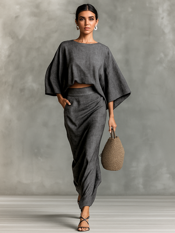 Two-Piece Set Long Skirt Batwing Sleeves in Cotton and Linen